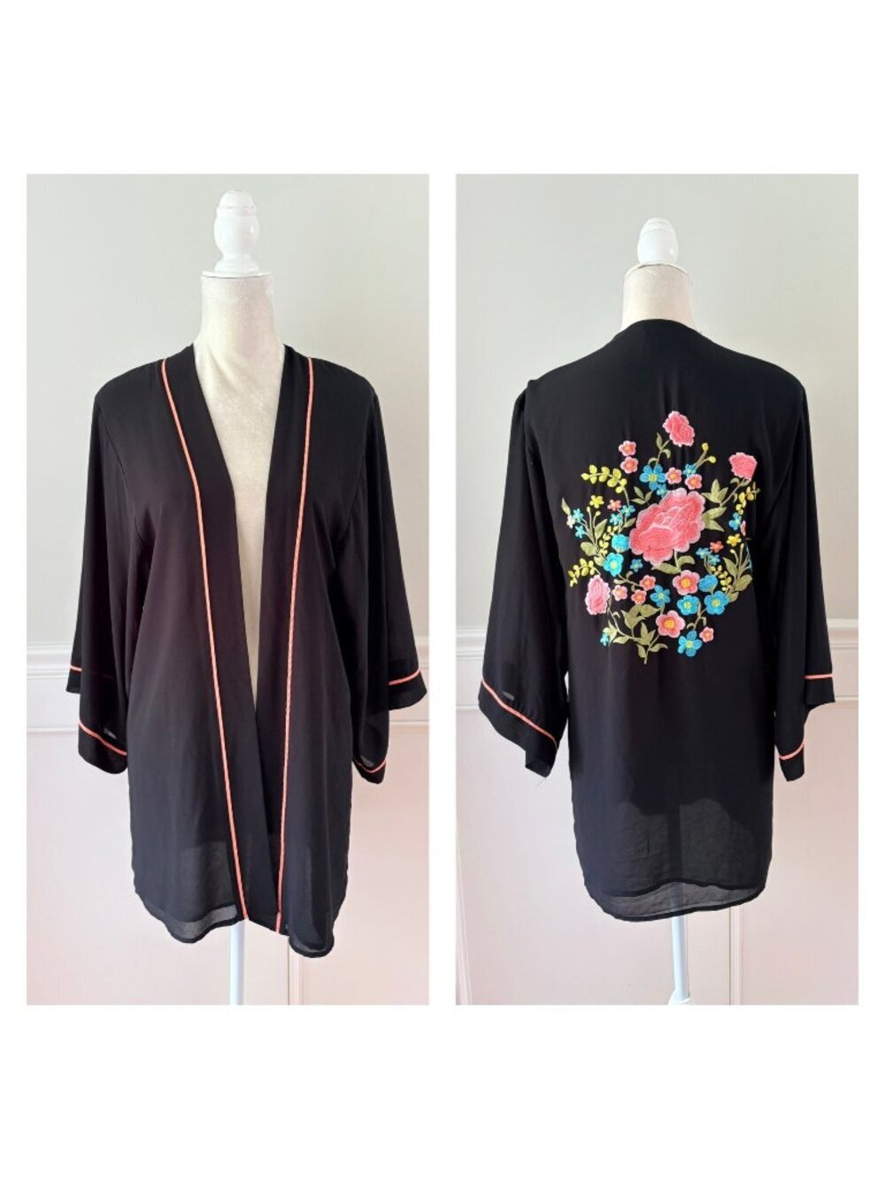 Black Kimono Cardigan With Floral Embroidery & Pink Trim Size M Forever 21
